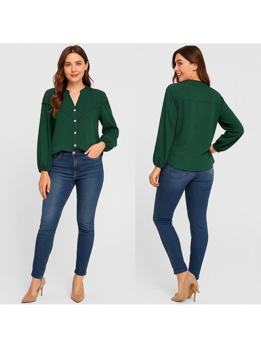 🌿 SHEIN Forest Green Lace Detail Button-Front Blouse 🍃 Size S (EU 36 / US 4)